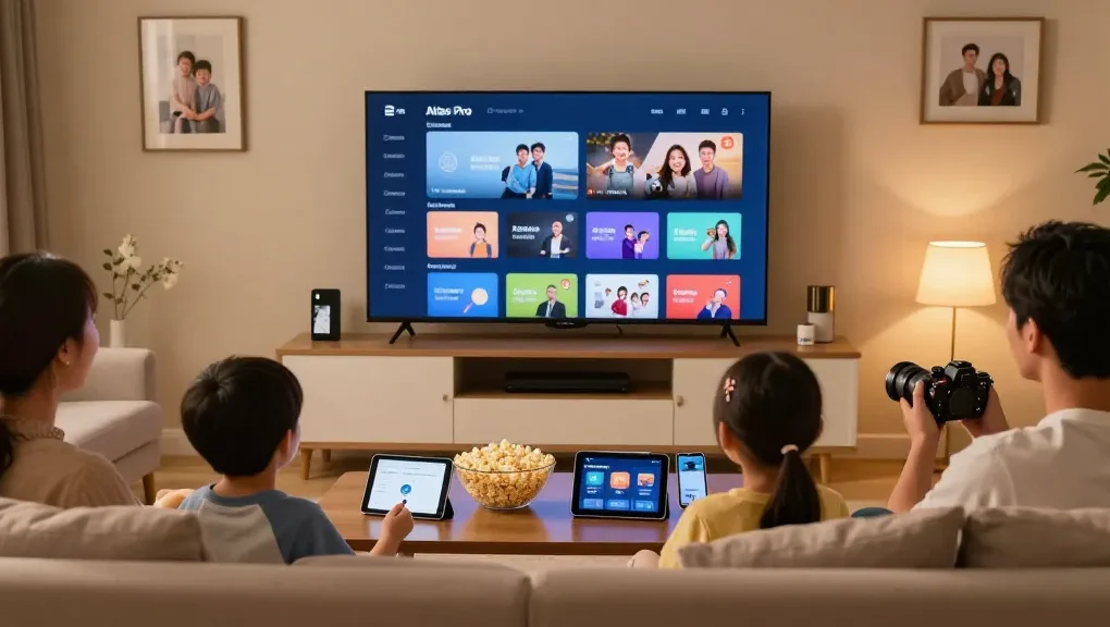 Profitez de l'IPTV Atlas Pro dans un salon chaleureux avec une famille regardant la télévision.