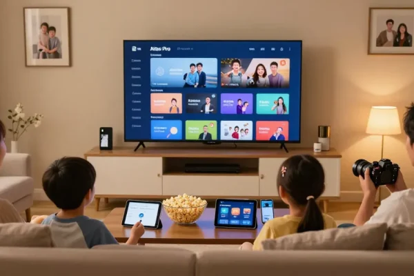 Profitez de l'IPTV Atlas Pro dans un salon chaleureux avec une famille regardant la télévision.