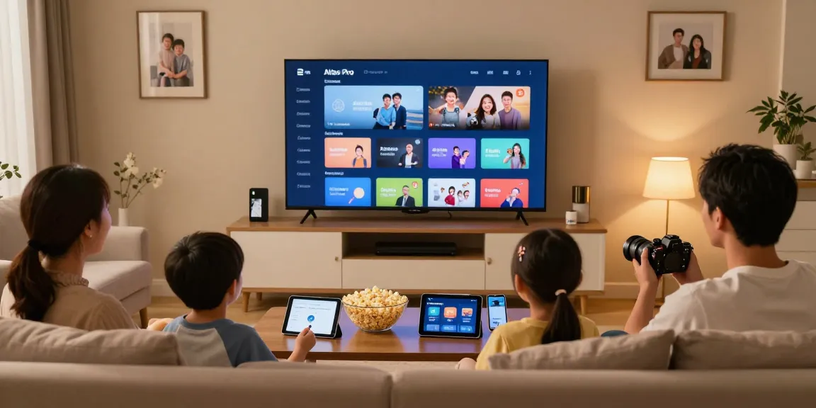 Profitez de l'IPTV Atlas Pro dans un salon chaleureux avec une famille regardant la télévision.